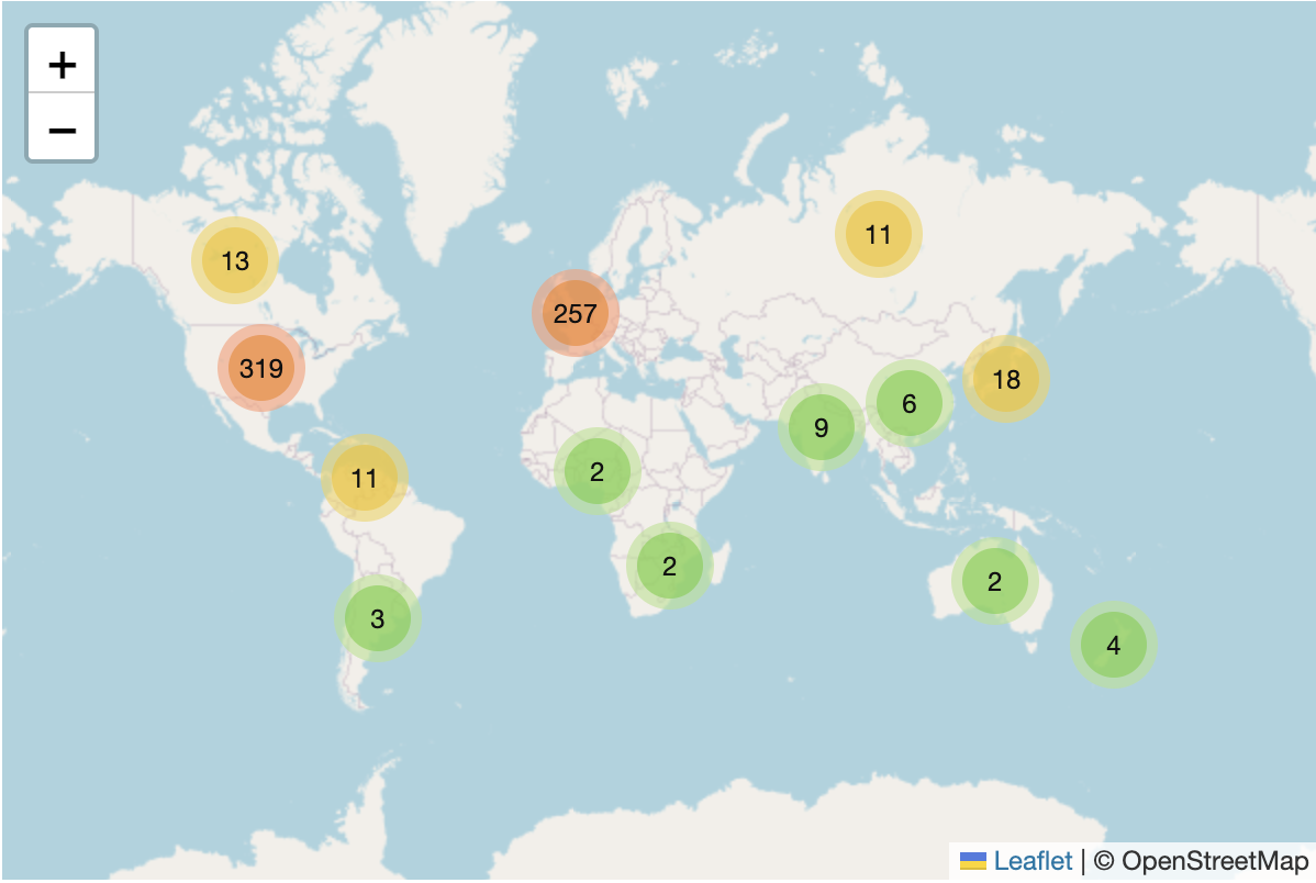 map of the world with little pins representing the location of the author when they wrote the book, as near as I can tell