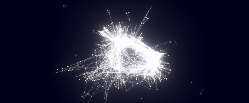 sweet 3d connected force graph, showing books like stars in the sky, connected together with glowing lines representing overlapping attributes